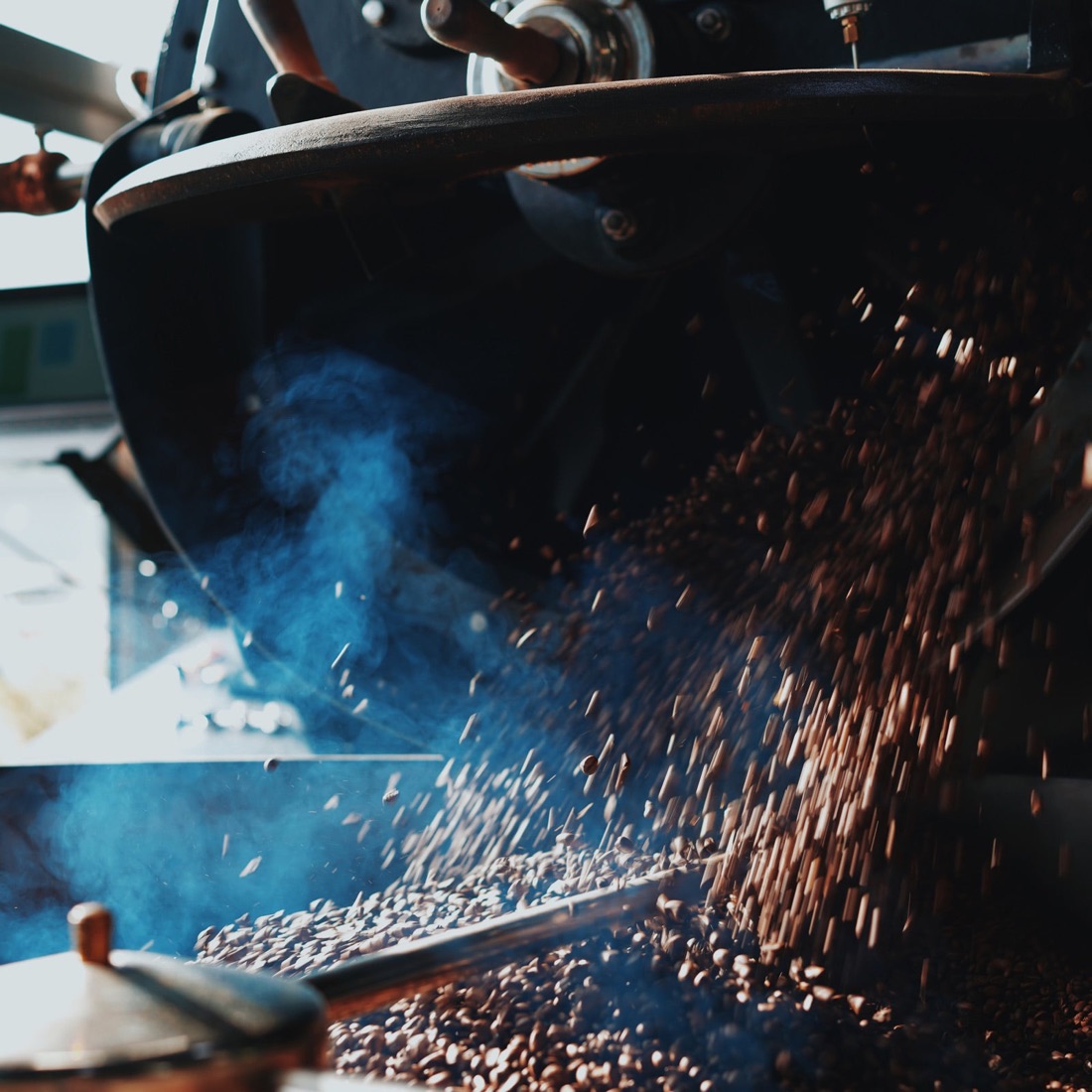 Freshly roasted beans pouring out of a roaster into the cooling tray, with blue smoke drifting up