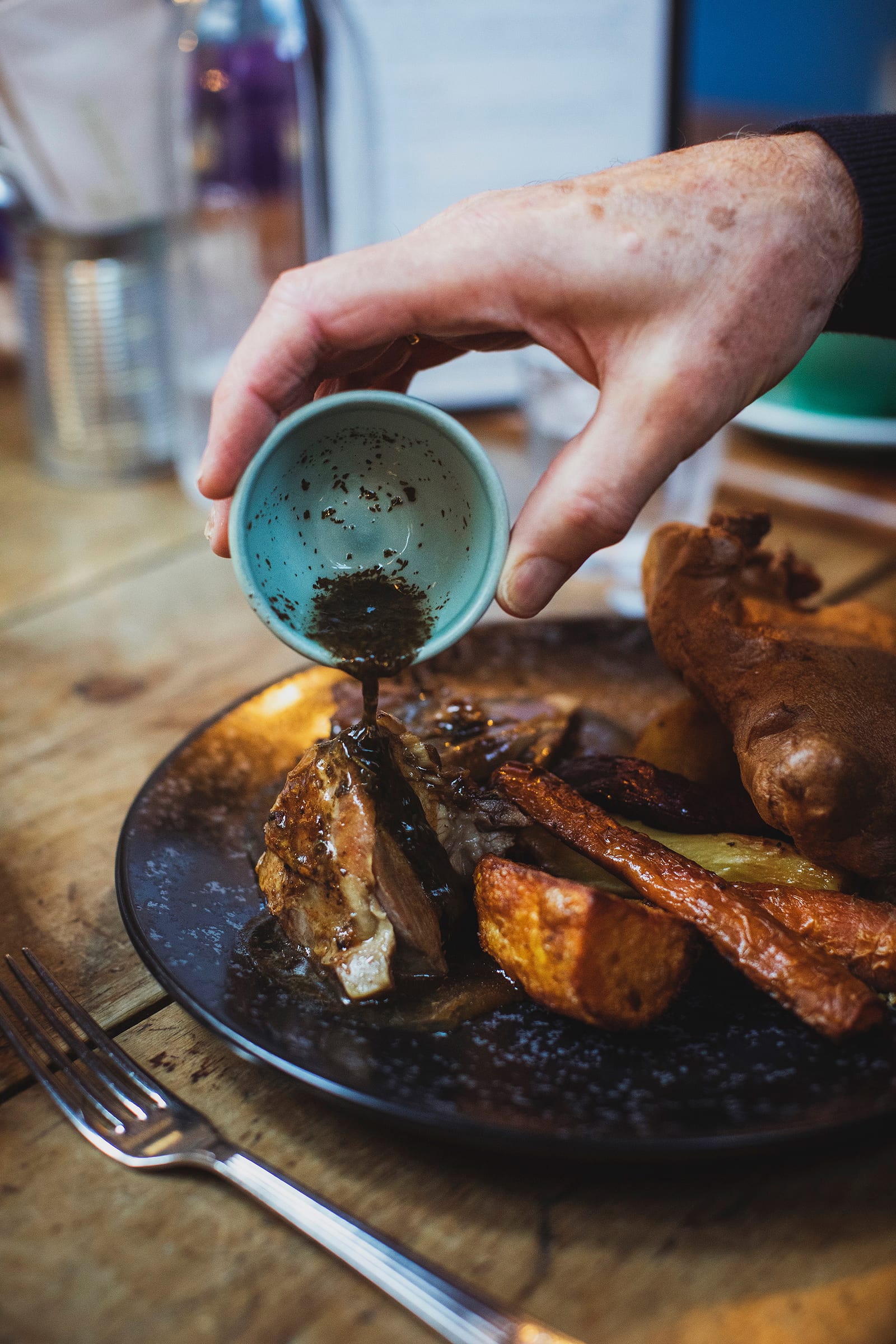 Gravy poured over a Sunday roast